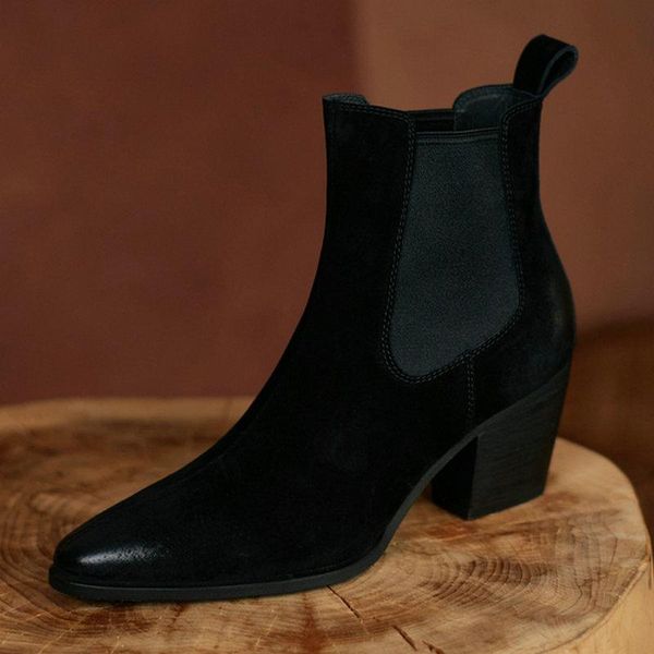 

boots pointed toe shoes woman winter spring ankle genuine suede leather high heels ladies concise design women, Black