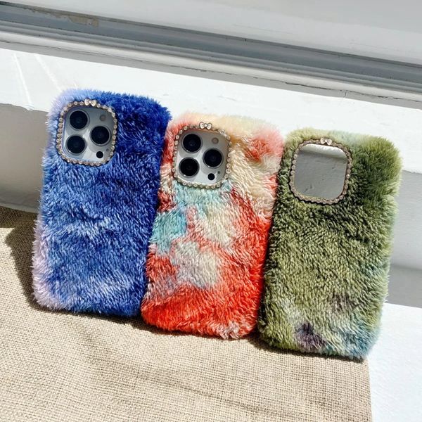 3D Arco Coelho Cabelo Genuíno Pelúcia Fuzzy Capas Para iPhone 15 14 13 Pro Max 12 11 XR XS X 8 7 6 Plus Bling Diamond Fofo Pele Menina Senhora Macio TPU Animal Bonito Adorável Capa de Telefone