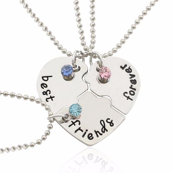 

pendant necklaces 3 pcs/set red blue green pink rhinestone bff pendants necklace splice broken heart friends forever jewelry gifts, Silver