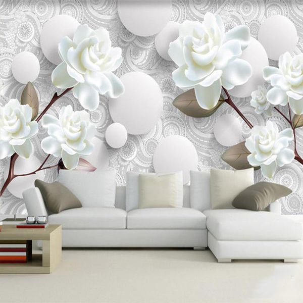 Sfondi Personalizzati 3D Murale Moderno Stereo Bianco Fiore di peonia Carta da parati Soggiorno TV Sfondo Decorazioni per la casa Panno da parete Papel De Parede