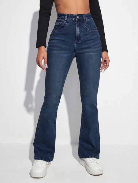 

high waist bleach wash flare leg jeans e8bk#, Blue