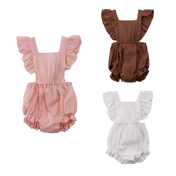 

sweet lovely newborn baby girls summer short petal sleeve square collar covered button solid bodysuit 3 style outfit 0-24m, White
