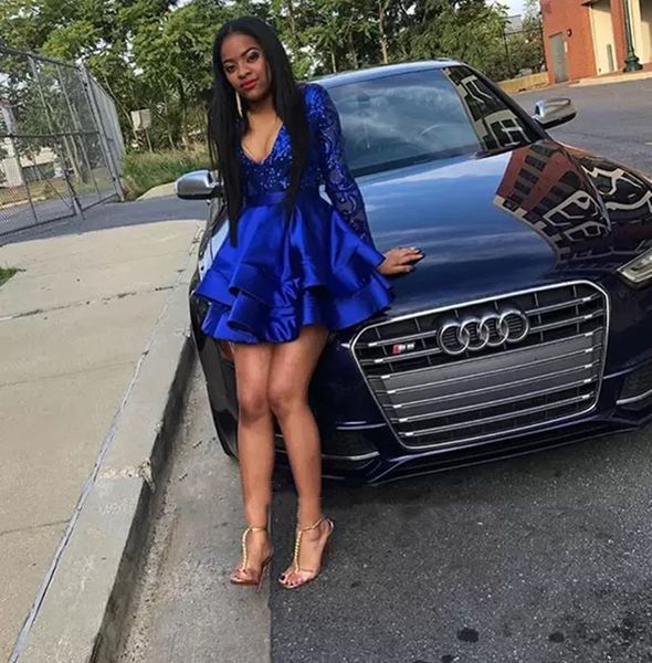 

royal blue satin tiered short homecoming dresses long sleeves sequins v neck cocktail party graduation mini prom prom gowns, Blue;pink