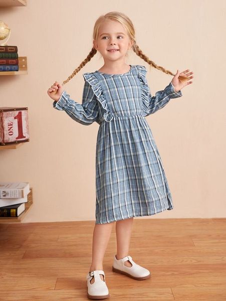 

toddler girls plaid print ruffle trim dress she01, Red;yellow