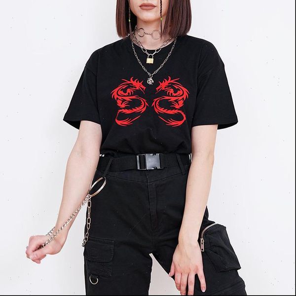 

chinese dragon womens t shirts print harajuku vintage summer chic ins loose casual women cotton hip hop punk goth, White