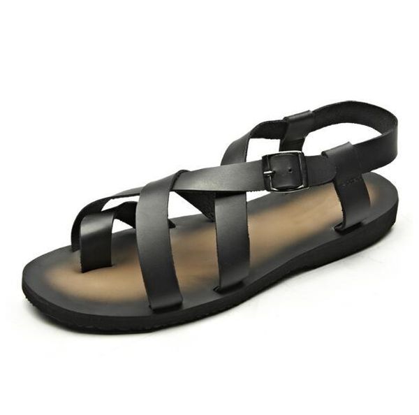 

sandals rome style 2021 summer gladiators soft leather flat heel leisure mens hombre, Black