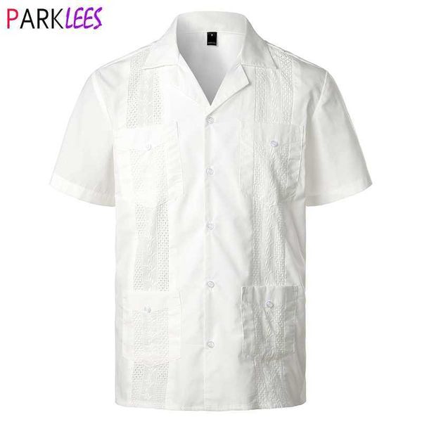 Camisa cubana branca Guayabera camisa homens elegantes bordados tecidos button-down camisetas Mens mexicana estilo caribenho praia 2xl 210721