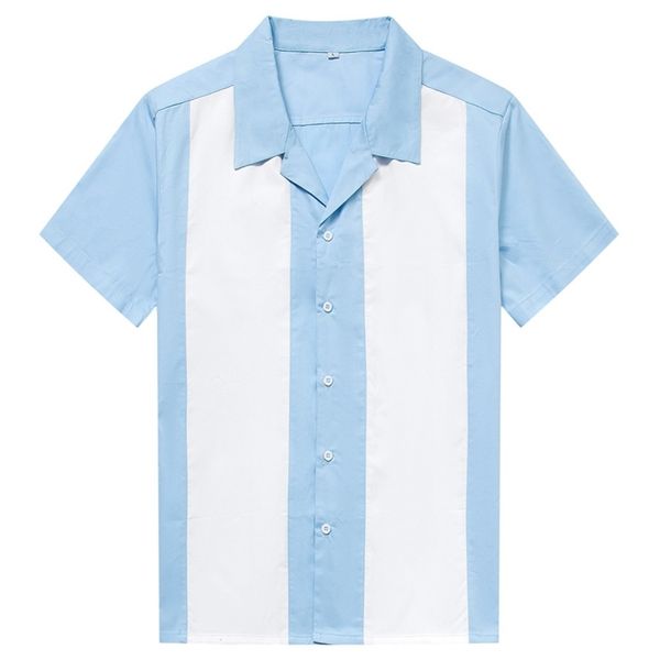 Blusa Homens Azul Branco Vertical Vertical Camisa Dos Homens Designer Camisas De Manga Curta Button-Down Dress Camiseta Retro Hombre Bowling 210721