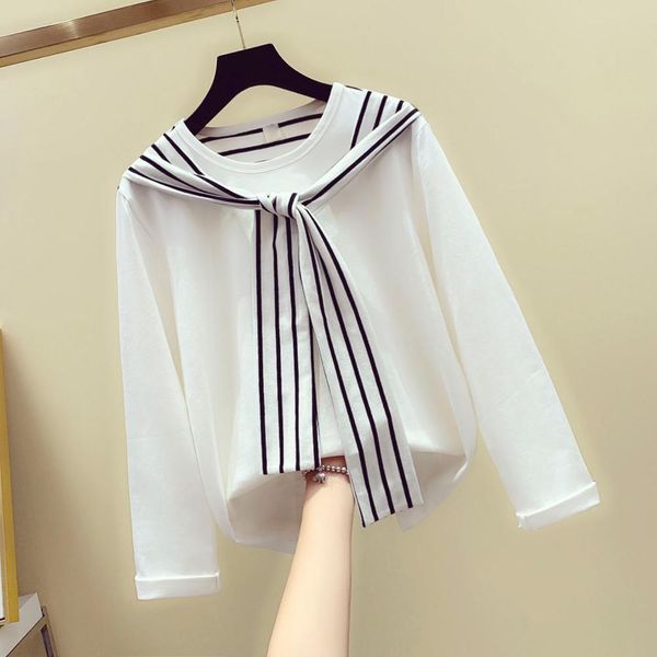 

women's long sleeves stripe scarf patchwork t-shirt tee autumn female o neck pullover casual tees a2757 210428, White