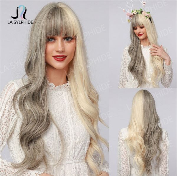

synthetic wigs long curly wave hair grey white brand air bangs, Black