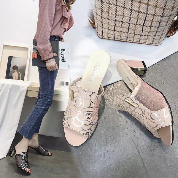 

slippers slipper, fish-tip flip-flop, women's midheel, coarse heel, mesh, diamond-pattern, large size sandals, Black