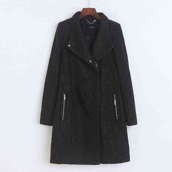 

medium and long loose tweed coat women's spring zipper woolen windbreaker cardigan half high collar d / 14 bottom, Black
