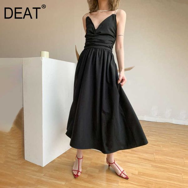 

[deat] summer fashion v-neck high waist knee-length bow sleeveless sling solid color elegant dress women 13q151 210527, Black;gray