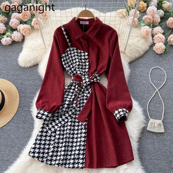 

casual dresses gaganight women shirt dress 2021 spring autumn korean style long-sleeved houndstooth contrast color stitching temperament, Black;gray