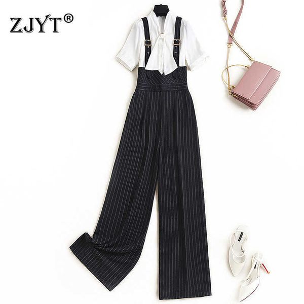 Sommer Mode Designer Dame Elegante Büro Zwei Stück Outfits Frauen Weiß Chiffon Hemd und Overalls Hosen Anzug Sets 210601