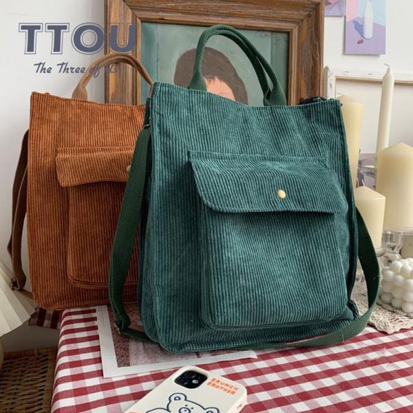 

evening bags casual corduroy shoulder for women vintage large capacity shopping bag zipper eco reusable cotton cloth handbag