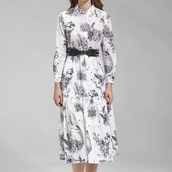 

spring bird print flower long sleeve single breasted belt beaded slim temperament mid-length shirt dress casual dresses, Black;gray