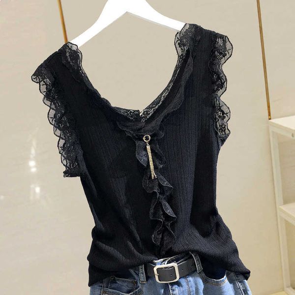 

women's tanks & camis ice silk knitted black tank women lace patchwork sleeveless v-neck white basic summer fashion
