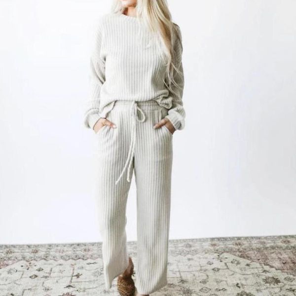 

women's two piece pants women o neck kinnted pocket suit autumn long sleeve solid color pullover drawstring waist homewear knitted wint, White
