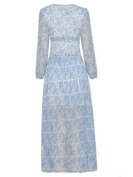 

capris 2021 summer fashion women v-neck vintage blue porcelain print studs beading long sleeve pleated, Black;gray