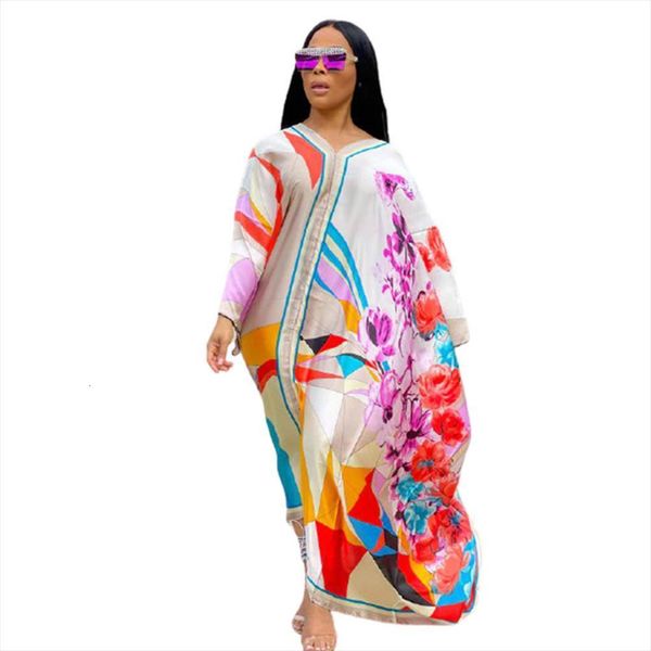 

loose print v neck women dress pullover full batwing sleeve ankle length dresses female casual high street outfit spring, Black;gray