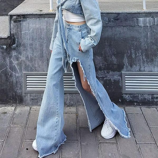 

women's jeans bare legs ripped beggar women high waist drag pants blown street long leg tie trend casual boyfriend, Blue