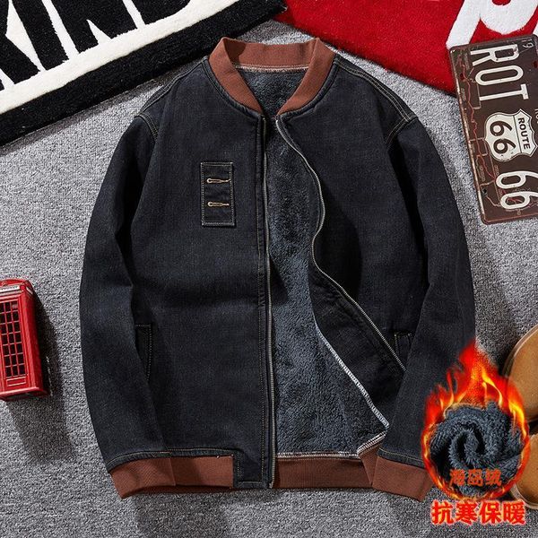 

xl-8xl oversized denim jacket men's autumn winter plus velvet warm loose jean coats male handsome baseball collar youth jackets, Black;brown