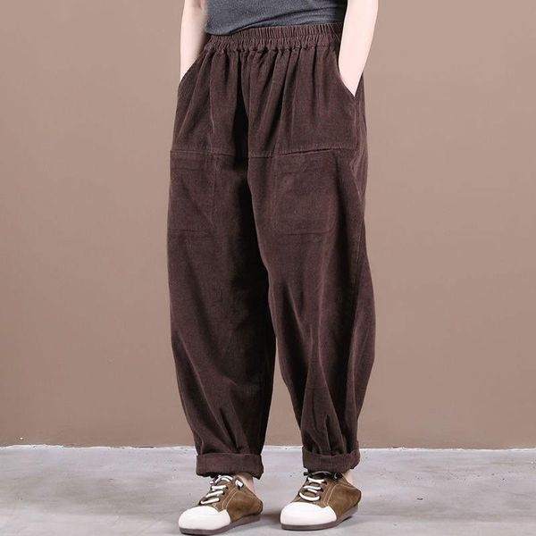 

women's pants & capris 2021 autumn arts style women elastic waist loose casual harem double pocket cotton corduroy vintage m596, Black;white