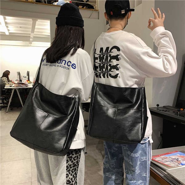 

2021 fashion soft leather large capacity msenger korean ins solid color single shoulder bag men's and women's backpack trend, Blue;pink