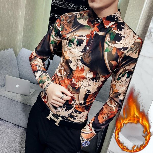 

men's casual shirts printed mens velvet camisa floral masculina slim fit flowers designers mans autumn blusa social flanell, White;black