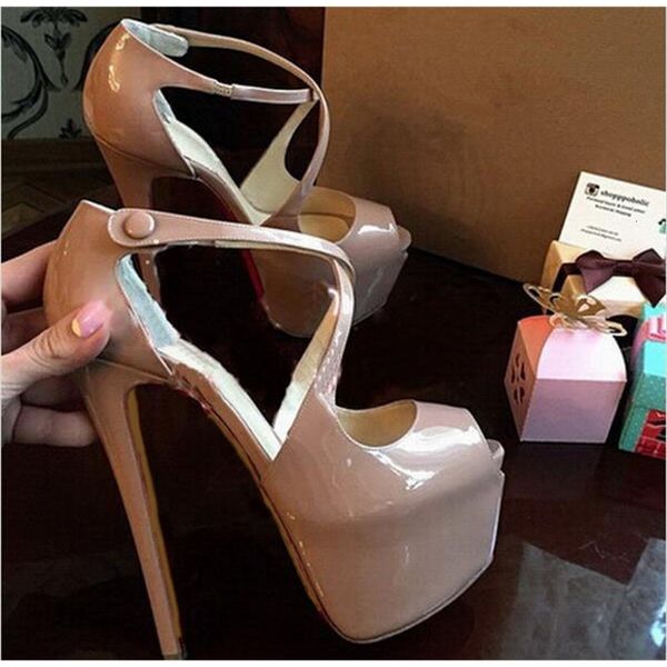 

sandals women's cross strap platform heels 16cm high heel peep toe sandals wedding stilettos spike shoes plus size 35-45, Black