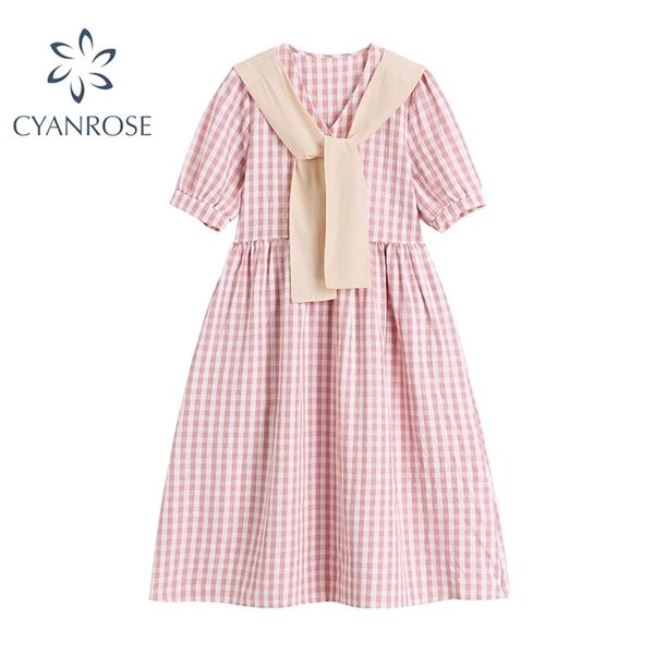 

summer vitality sweet plaid women's dress selling v neck lamtern short sleeve preppy style long dresses female 210515, Black;gray