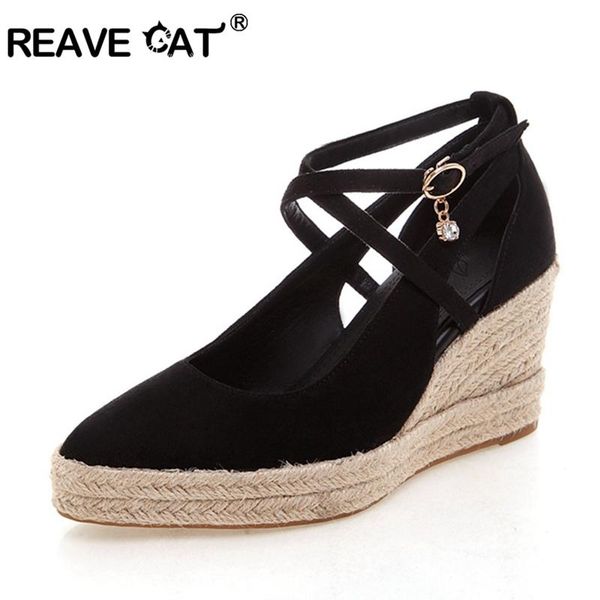 

women kid suede summer platform wedge high heel shoes pointed toe cross tied ankle buckle ladies sandals size 33-41 dress, Black