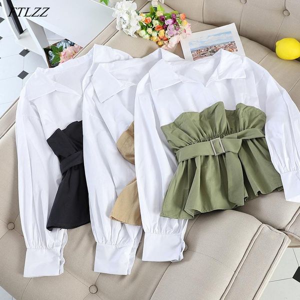 

autumn office lady long sleeve patchwork shirt with belt elegant korean style ruffled blouse women women's blouses & shirts, White
