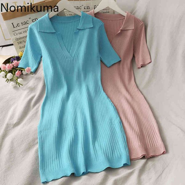 

nomikuma summer knitted bodycon dress women solid color slim fit turn down collar short sleeve mini dresses vestidos mujer 210514, Black;gray