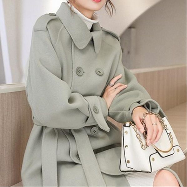 

women's wool & blends temperament woolen coat womens clothing autumn winter korean fashion mid-length loose double sided jacket female, Black