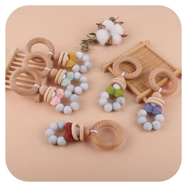 

beech wood teether rattle silicone beads infant soothers feeding accessories newborn nursing teethers toy