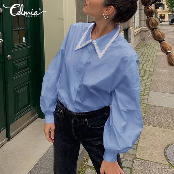 

blouses women's 2021 spring casual lantern sleeve shirts celmia elegant solid fashion lapel pearl blouses loose ol blusas plus size, White