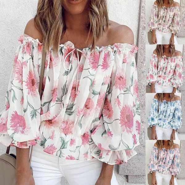 

women's blouses & shirts women blouse summer 2021 france shirt floral print puff sleeve off shoulder hollow drawstring for dating, White