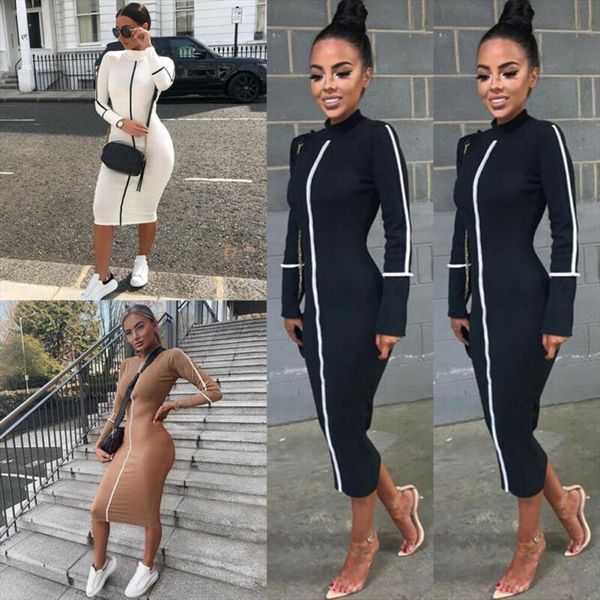 

arrival temperament summer women dresses long sleeve contrast color fitness pencil midi bodycoon, Black;gray