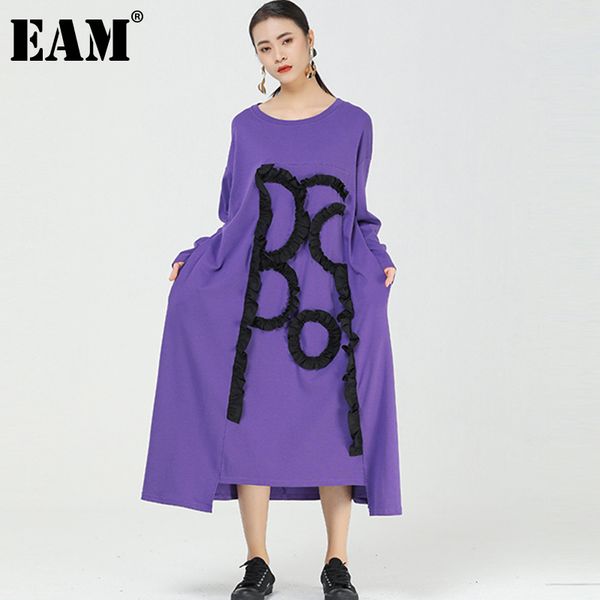 

[eam] women purple big size printed long dress round neck long sleeve loose fit fashion spring autumn 1dd5919 210512, Black;gray