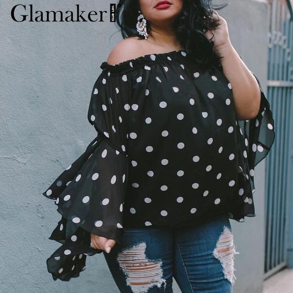 

women's blouses & shirts glamaker polka dot casual blouse shirt women black ruffle floral sleeve female elegant plus size holiday, White