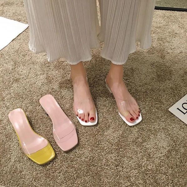 

slippers ladies party clear high heels women fashion square toe mules shoes summer outdoor jelly pumps pink white yellow iqpz, Black