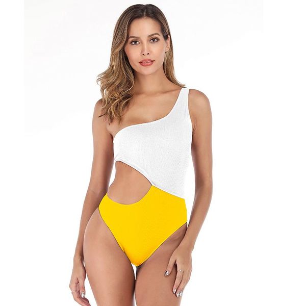 

one-piece suits z-lai fashion one shoulder piece swimsuit cut out solid bathingsuit women push up padded patchwork swimwear bikini 2021