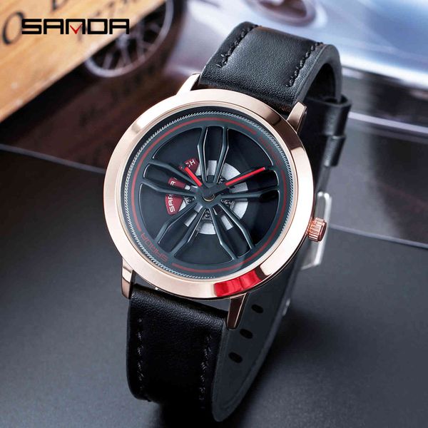 

sanda rotating car wheel dial sports men stainless steel case leather band watch quartz wristwatch 2020 relogio masculino, Slivery;brown