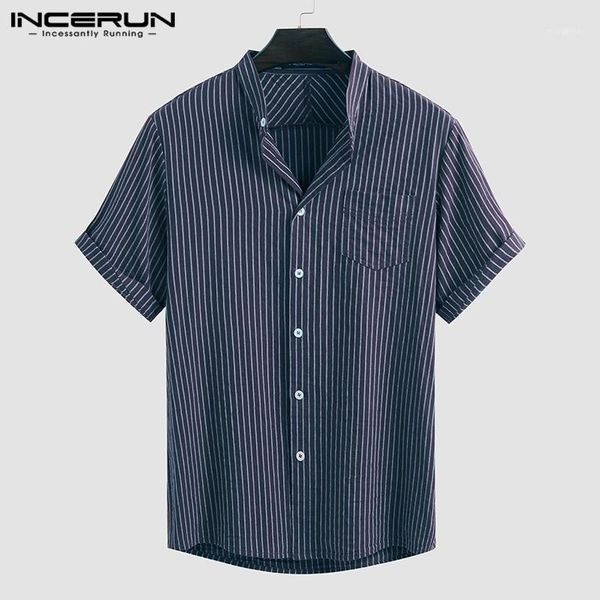 

men's casual shirts incerun summer harajuku buttons men striped short sleeve stand collar blusas cotton breathable camisa1, White;black