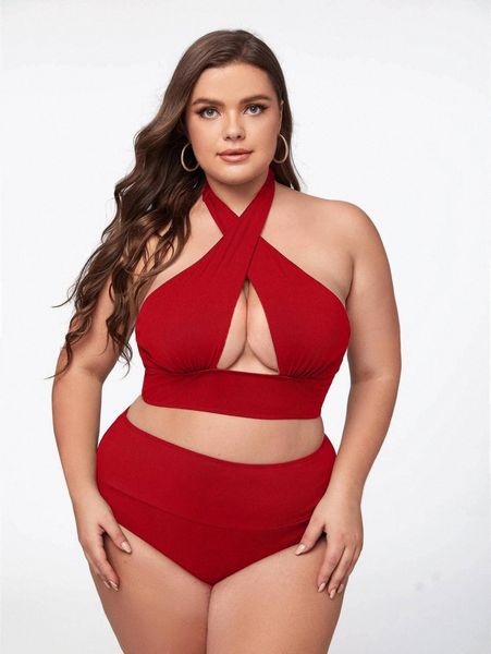 

plus criss cross halter bikini swimsuit 82xg#, Black