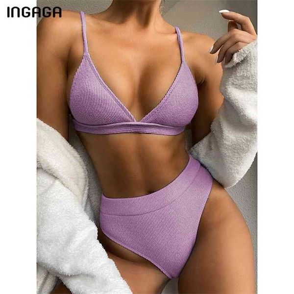 Ingaga Push Up Bikini Set Swimsuits High Cintura Swimwear Mulheres Ribbed Biquini Banheira Ternos Brasileiro Bikinis Roxo Bathers 210630