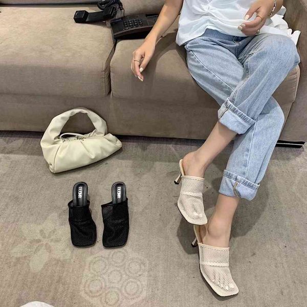 

sandals fashion women slippers thin high heels square toe air mesh slip on slides mules shoes party pumps black size 35-39 s2lu