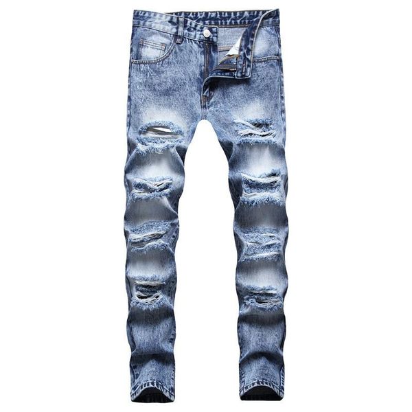 

men's jeans loose plus size pants straight hole snow wash four seasons fashion denim for men 90s boyfriend, Blue